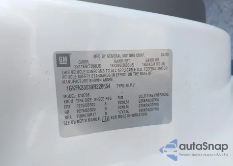 2009 GMC Yukon Slt2 из США, поврежденный, VIN 1GKFK33039R228654